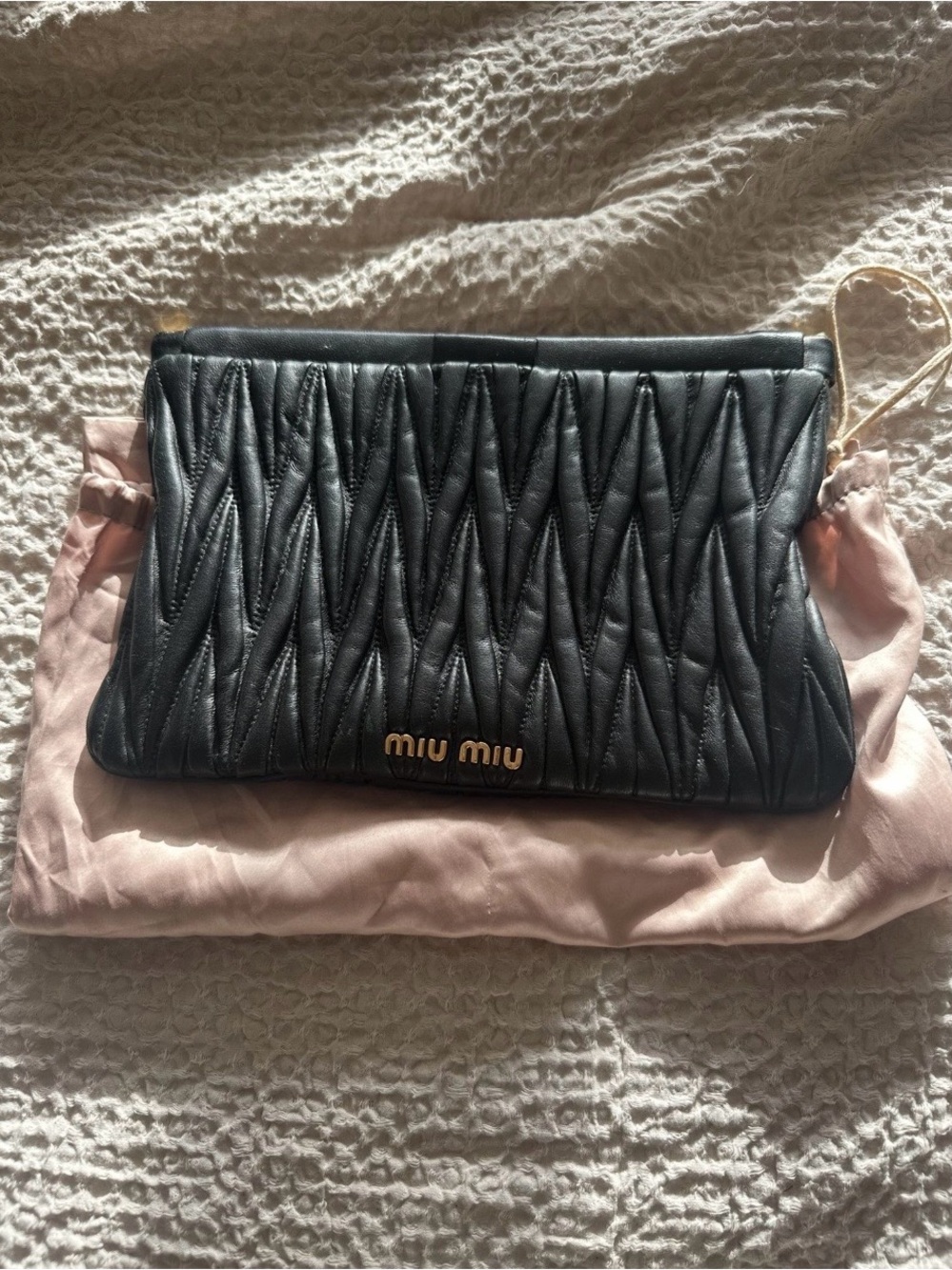 Miu Miu Black Quilted Leather Clutch with Gold Logo